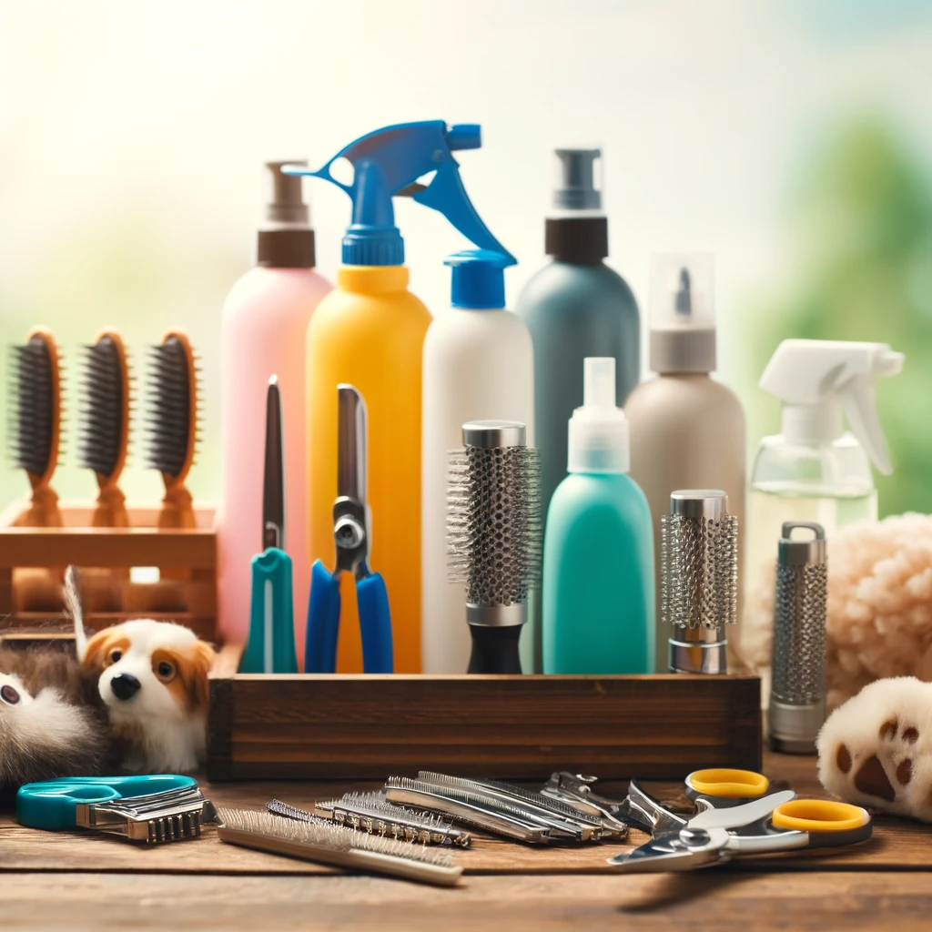 Zestaw akcesoriów do pielęgnacji psów na drewnianym stole, w tym szczotki, trymery, szampony i obcinaczki do pazurów, idealne do domowej opieki nad psem