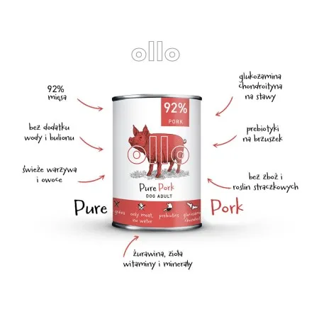 OLLO Pure Pork - mokra karma dla psa o bardzo wysokiej zawartości mięsa mięśniowego, czysta wieprzowina 400g infografika